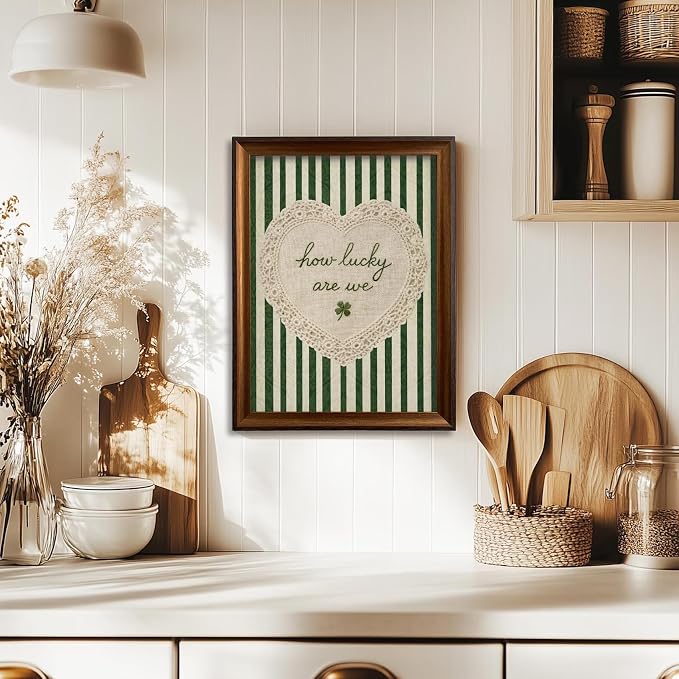 Framed How Lucky Are We Wall Art Vintage Inspirational Quotes Decor Print | Green Striped Lace Heart Aesthetic Painting Poster Trendy Preppy Canvas Picture for Bedroom Collage Ready to Hang 12inx16in