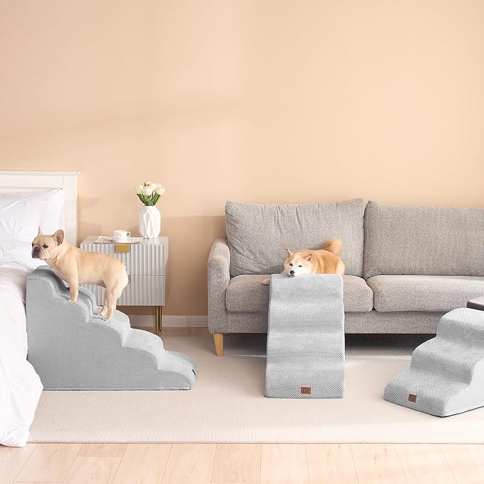 EHEYCIGA Curved Dog Stairs Ramp, 5-Step High Beds, 22.6" H Pet Step | 33D density of pure foam, for Small Dogs and Cats, Pet Stairs for High Bed Climbing, Non-Slip Balanced Indoor, Light Grey