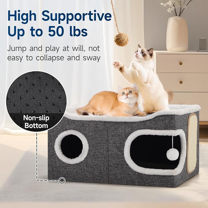 Shikha Extra Large Cat House Bed for Multi Cats with Scratch Pad Grey | 24 x 17.7 x 12.6 IN Widen Cat Cave Cube for Multi Pets, Foldable, Arc-Edge Design, Oval Door, All Seasons Reversible Cushion
