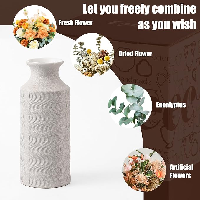 Ceramic Flower Vase, 11 Inch Tall Rustic Vase for Decor | Large White Vase Adds Vintage Charm to Centerpieces, Table, Living Room, and Home Decor, Perfect for Farmhouse Style Spaces