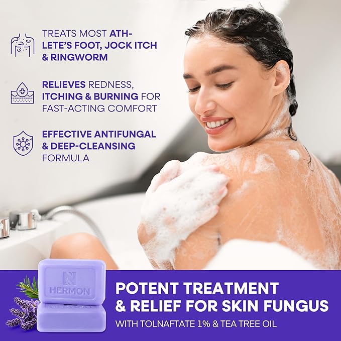 Hermon Antifungal Bar Soap: Antifungal Soap for Ringworm, Jock Itch & Athlete's Foot with Tea Tree Oil - Tolnaftate 1% Medicated Anti Fungal Treatment Bar for Skin Fungus - 2 Bars