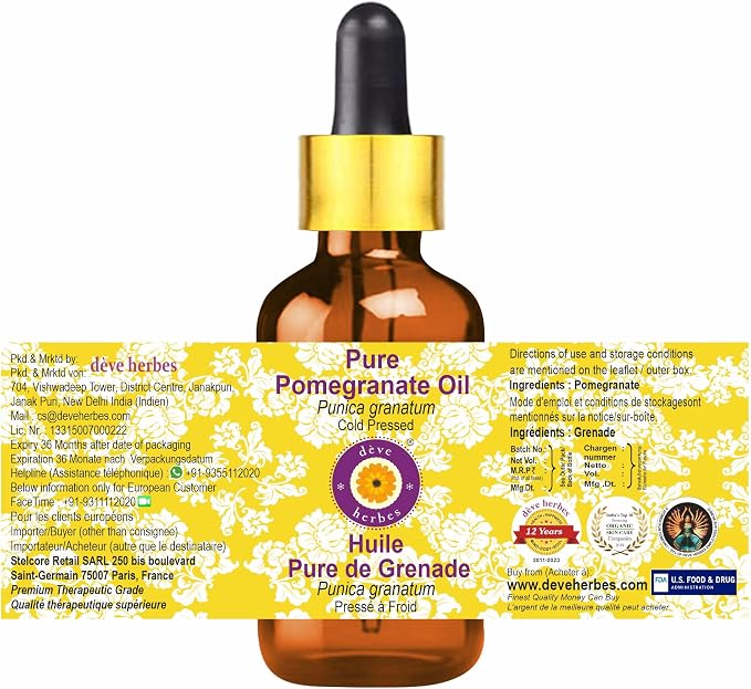 dève herbes Pure Pomegranate Oil (Punica granatum) with Glass Dropper Cold Pressed (Pack of Two) 100ml X 2 (6.76 oz)