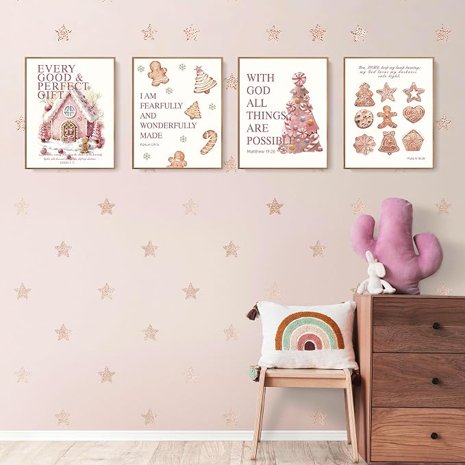 LARTSFRO Coquette Pink Christmas Gingerbread House Gifts Wall Art Decor Posters, Cute Christmas Gingerbread Man Christian Room Bathroom Bedroom Dorm Wall Art Decor Aesthetic for College Teen Girls Gifts, Inspirational Bible Verses Gingerbread Wall Deco...