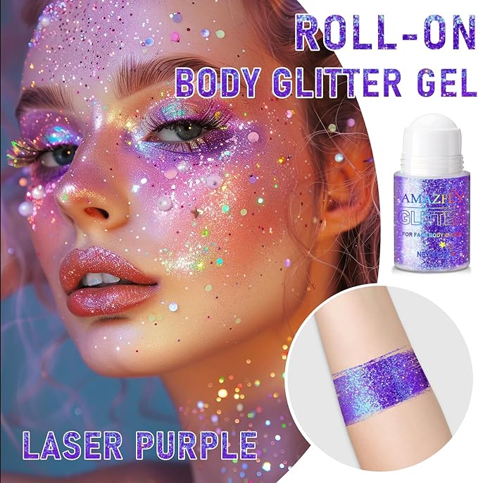 Roll-on Holographic Body Glitter Gel for Face and Hair, Chameleon Color Changing Glitter Gel Under Light, Chunky Mermaid Sequins Festival Party Rave Accessories Body Shimmer Makeup (Purple)