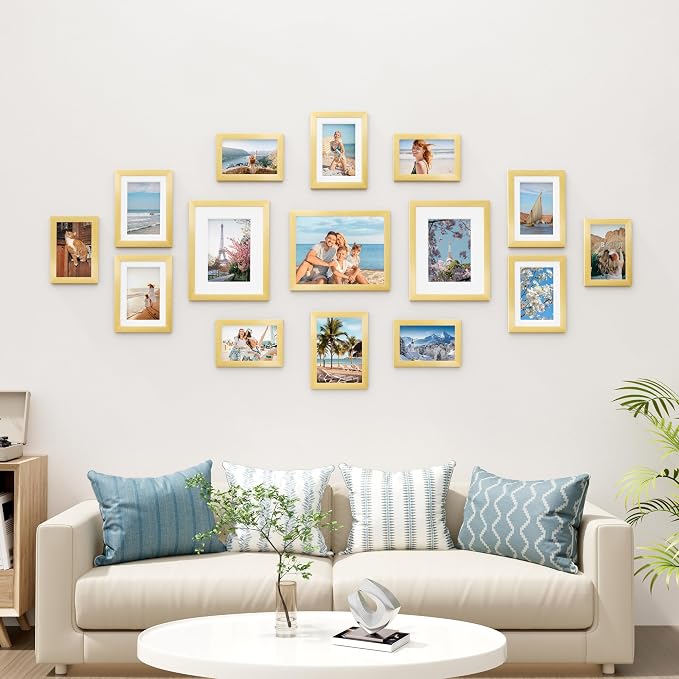 Vittanly 15 Pack Picture Frames Collage Wall Decor, Wall/Tabletop Display | Gold, Multi-Size Gallery Wall Frame Set: 3pcs 8x10, 6pcs 5x7, 6pcs 4x6. Picture Frame Set for Family