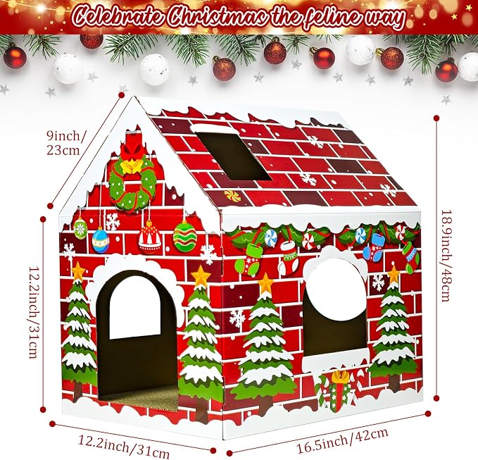 Cinrobiye Christmas Cardboard Cat House with Scratcher Pet Gingerbread Board Bed Cave Playhouse Hideaway Hideout Condo Decor Small Animals Scratch Box for Indoor Cats Kittens Rabbits Bunny (Red, 1)