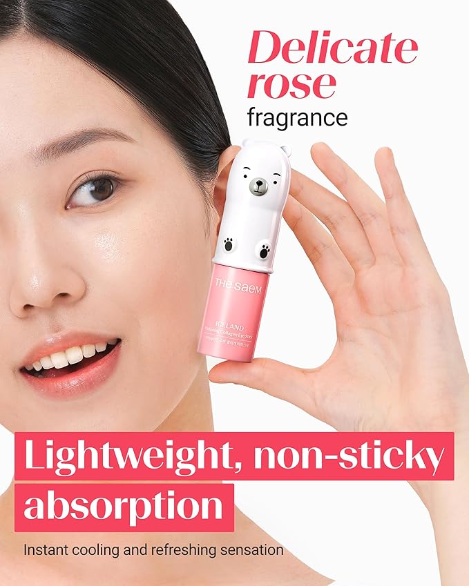 THESAEM Iceland Hydrating Collagen Eye Stick with Cute Bear Keyring Set - 6 Types Collagen Anti-Wrinkle Cooling Balm for Saggy Skin – Under Eye Treatment - Portable K-Beauty Charm, Rose Scent, 0.38oz