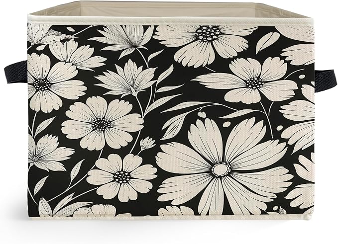 Black and White Floral Storage Box Bins, Vintage Botanical Daisy Flower Collapsible Storage Basket Organizer for Bedroom Laundry Room Home Clothes Books, Decor for Room