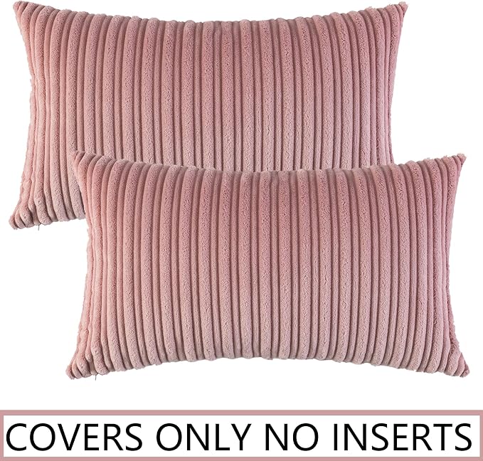 UGASA Velvet Pillow Covers Striped Soft Textured Throw Cushion Cases Pack of 2 Valentines Day Accent Corduroy Lumbar Pillowcases with Hidden Zipper for Home Decor Indoor 12"x20", Baby Pink