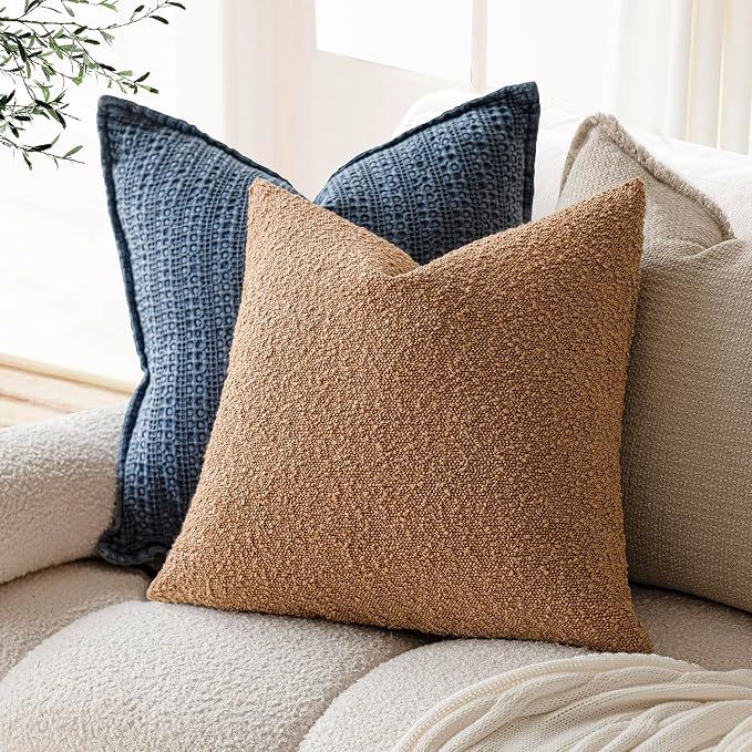 Foindtower Set of 2, Decorative Textured Boucle Throw Pillow Covers Accent Solid Pillow Cases Neutral Soft Couch Cushion Case for Chair Sofa Bedroom Living Room Home Decor 26 x 26 Inch Rust Tobacco