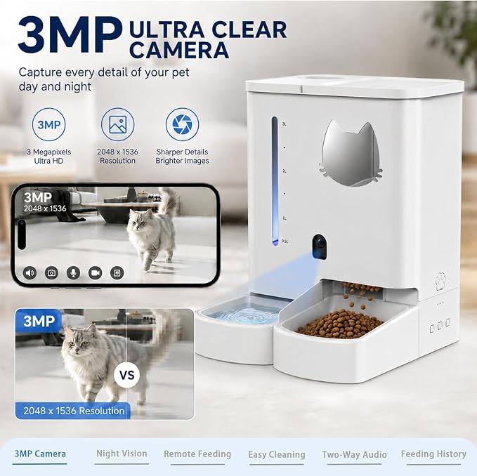 Waithem Automatic Cat&Dog Feeder and Waterer with Camera | 2K Video, Night Vision, 5L Food Capacity and 4L Water Station, 5G/2.4GHz Wi-Fi Control, 2 Weeks Capacity