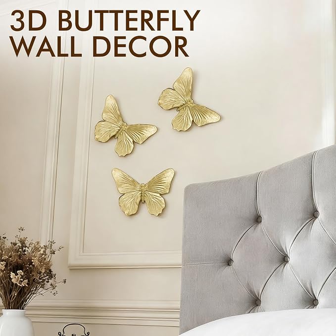 GUSFREUD 3D Butterfly Wall Decor Set – Resin Wall Decor for Living Room, Bedroom, Bathroom, Dining Room, Outdoor and Gallery Walls - Antique Gold - Set of 3