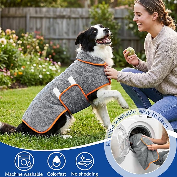 Bienbee Dog Bathrobe, Super Absorbent for Small to Large Dogs, Grey 2XL | Dog Robes with Soft Fleece, Warm & Cozy, Adjustable Fit, and Quick Drying Coat for Baths Swimming and Grooming