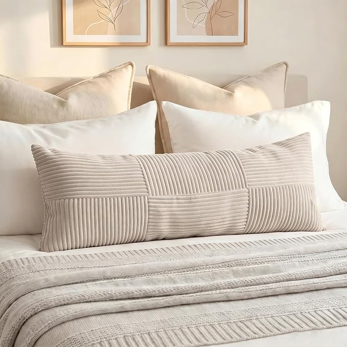 Fancy Homi Set of 1 Neutral Taupe Boho Long Lumbar Body Decorative Throw Pillow Cover 14x36 Inch for Bed Couch Bedroom Bench, Soft Patchwork Corduroy Textured Pillow Case, Farmhouse Room Decor
