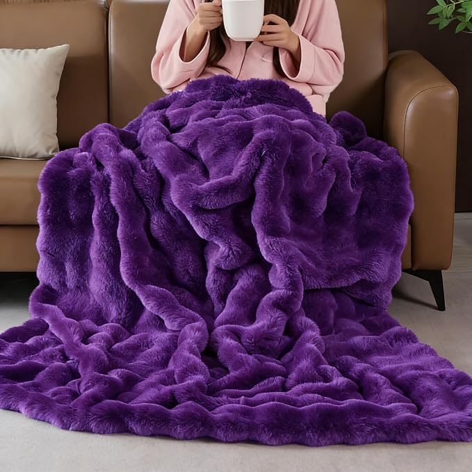 Purple Faux Fur Throw Blanket for Couch, Double-Sided Bubble Textured Plush Blanket with Soft Flannel Back, Decorative Throw for Sofa or Bed, Machine Washable, 50x60 Inches, 860 GSM