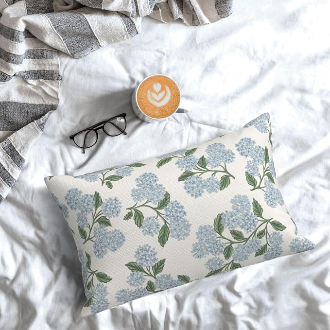 AEIOAE Spring Green Blue Hydrangea Flower Pillow Covers 12x20 Set of 2 | Floral Throw Pillows Case Summer Outdoor Seasonal Decorative Farmhouse Decor Cushion Covers for Home Sofa Bed Couch