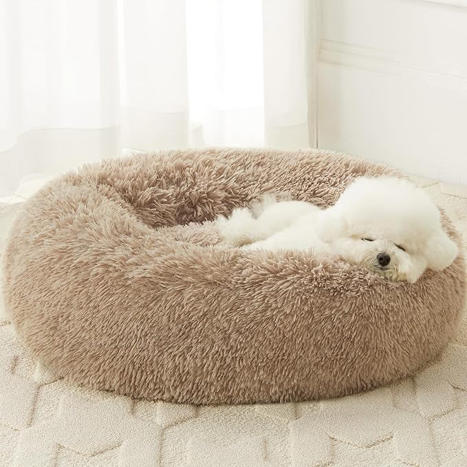 WNPETHOME Medium Round Calming Dog Bed Cat Bed for Comfy Sleep | Dog Bed For Medium Dog, Cute Washable Puppy Bed with Cozy Plush, Faux Fur Anxiety Pet Bed Donut Cuddler (30x30x10In, Brown)