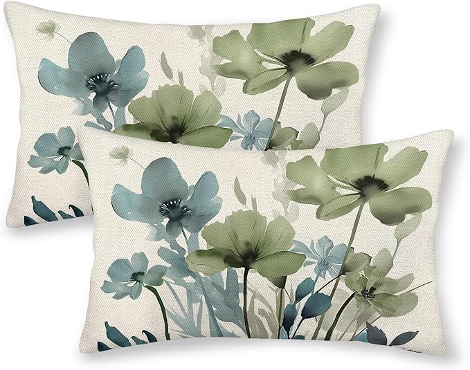 Floral Pillow Covers 12x20 Inches Set of 2 Sage Green Blue Floral Throw Pillow Covers Outdoor Spring Summer Flower Decoration Pillowcase Farmhouse Decorative Lumbar Cushion Cover For Home Sofa