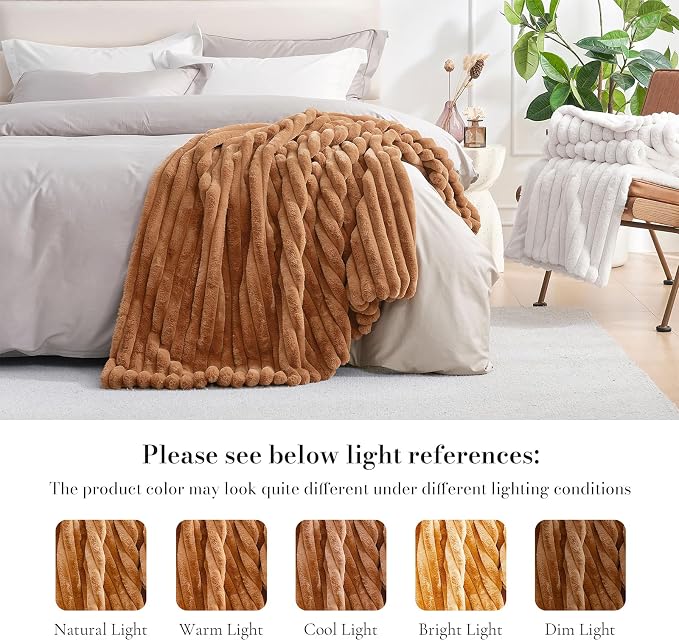Faux Fur Throw Blanket for Couch, Cozy Fuzzy Fluffy Fur Luxurious Soft Striped Plush Gift Blankets for Family Sofa Chair Bedroom, 55"x70", Orange Brown
