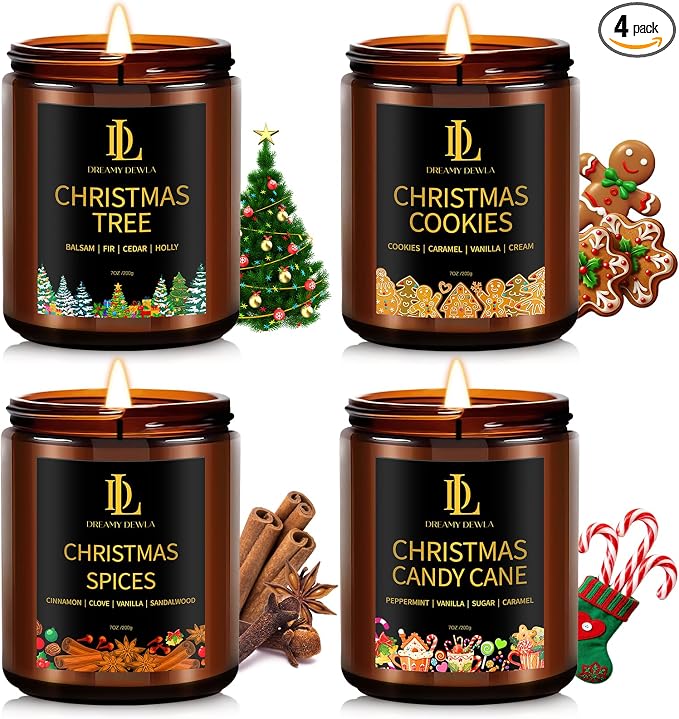 Holiday Candle Set, Scented Candle for Home, 4 Pack Soy Candles Gifts for Women Men, Scents of Christmas Tree/Cookies/Spices/Candy Cane