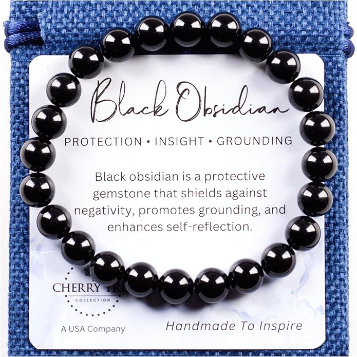 Cherry Tree Collection – Handmade Crystal Bracelets with Black Obsidian, Tiger’s Eye and 6 Other Gemstones for Men & Women – 8mm Beaded Bracelet for Healing, Protection & Positive Energy–Sizes S/M/L
