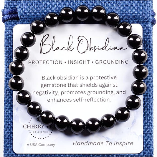 Cherry Tree Collection – Handmade Crystal Bracelets with Black Obsidian, Tiger’s Eye and 6 Other Gemstones for Men & Women – 8mm Beaded Bracelet for Healing, Protection & Positive Energy–Sizes S/M/L