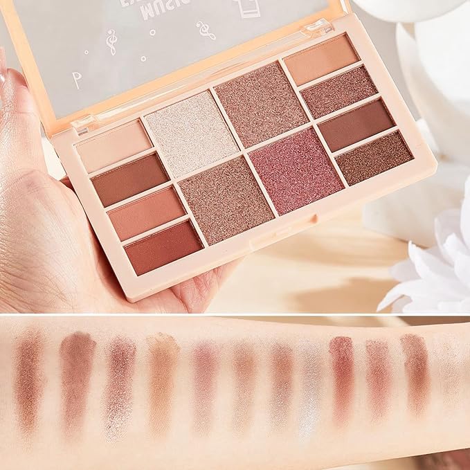 12 Colors Velvety Smooth Eyeshadow Palette, Red Brown Wine Nude Matte & Shimmer Eye Shadow Shades, Highly Pigmented Blendable Waterproof Long-Lasting Glam Eye Makeup Palette for Women, 02#