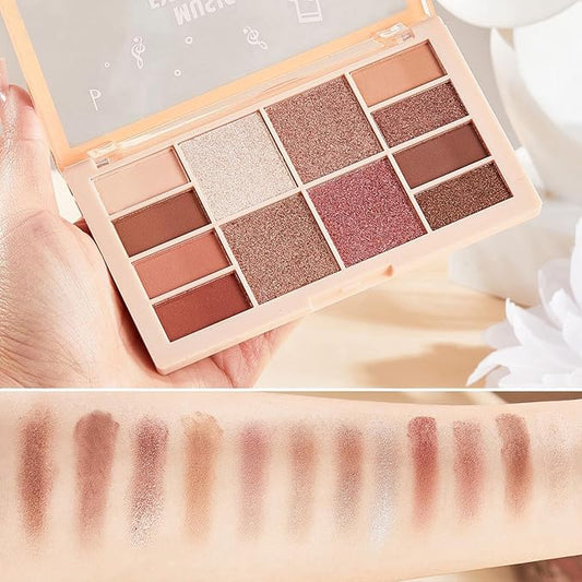 12 Colors Velvety Smooth Eyeshadow Palette, Red Brown Wine Nude Matte & Shimmer Eye Shadow Shades, Highly Pigmented Blendable Waterproof Long-Lasting Glam Eye Makeup Palette for Women, 02#