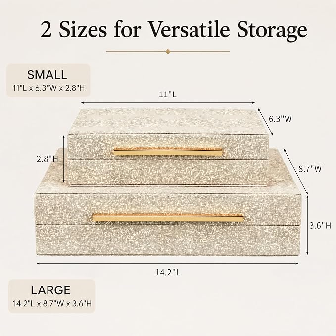 Set of 2 Beige Faux Leather Decorative Storage Boxes with Metal Handles | Stackable Nesting Jewelry Box Organizer Photo Organizer for Home Decor