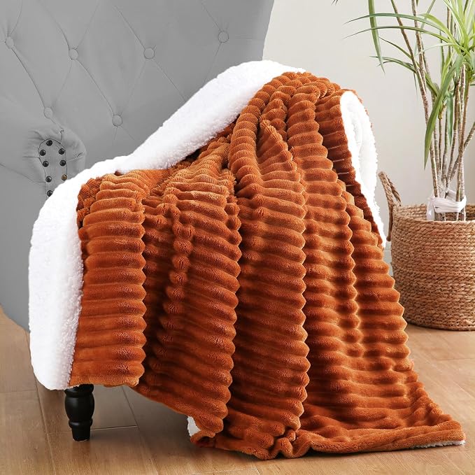 Burnt Orange Sherpa Fleece Throw Blanket 50”×60”for Couch Sofa Bed | Double Side Soft Fuzzy Cozy Plush Thick Flannel Blanket with Striped Design Gift for Adults,Woman