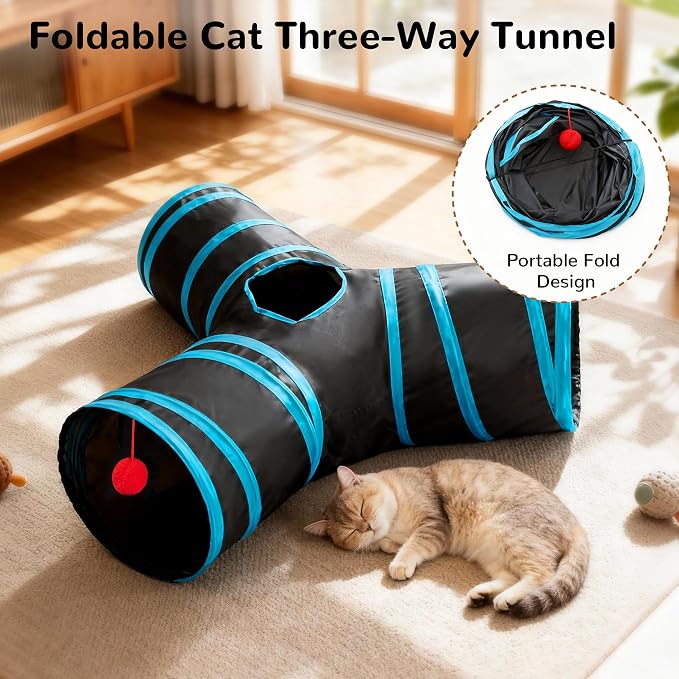 Tempcore Cat Tunnel, 3-Way Collapsible Toy for Indoor Cats, Black & Blue