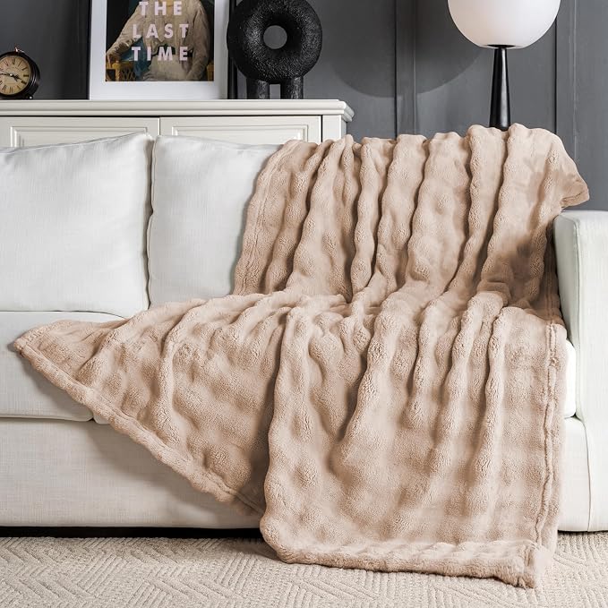 Brown Faux Fur Throw Blanket for Couch, Soft Fluffy Bubble Blanket for Bed Sofa, Thick Warm Plush Fuzzy Rabbit Fur Blanket for Neutral Home Decor, 50"X 60"