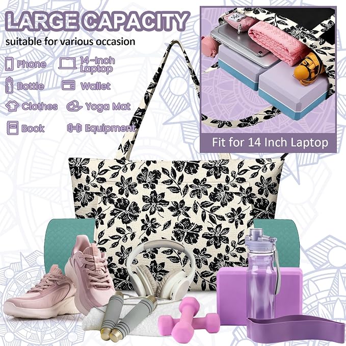 Yoga Bag for Women, Large Canvas Yoga Mat Tote Bag with Yoga Mat Carrier - Large Mat Pocket Fitness Tote for Pilates, Gym, Travel, Office & Beach