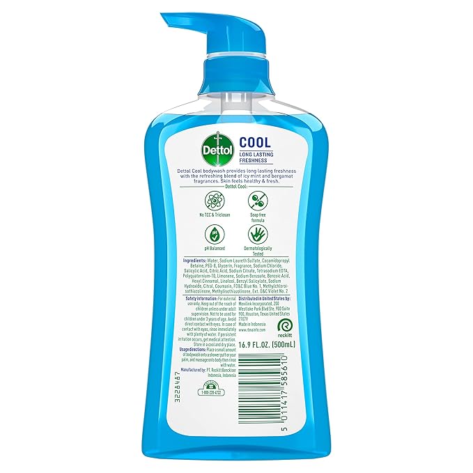 Dettol Cool Body Wash and Shower Gel, Body Wash with Mint and Bergamot, 16.90 Fl Oz (Pack of 1)