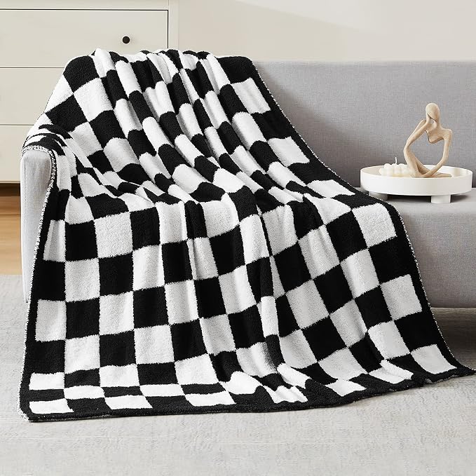 Soft Twin Size Checkered Blanket for Bed-Cozy Knitted Blankets | Lightweight Fluffy Warm Decor for Women, Mom, Her & Girls, Sofa, Chair, Couch, 60x80in,Black and White