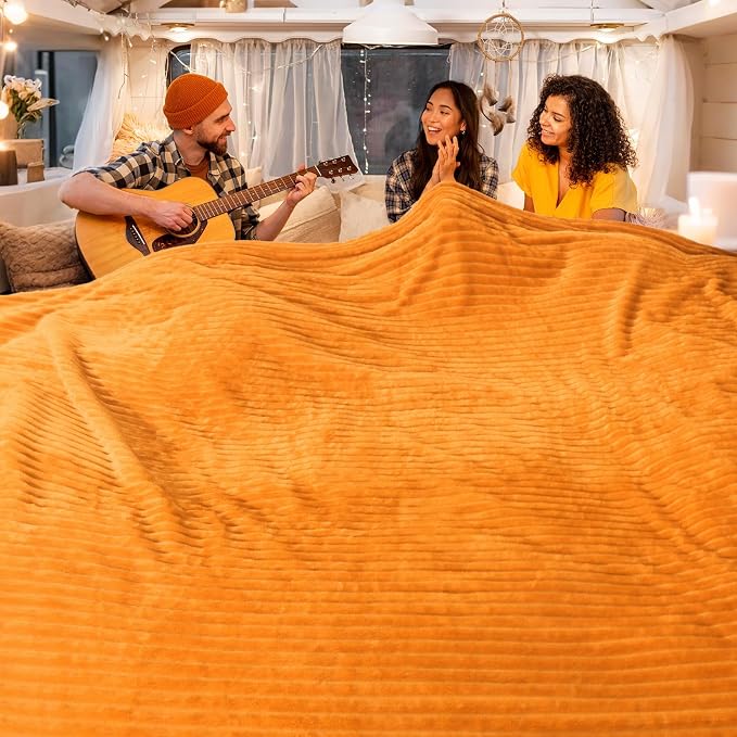 Vessia Flannel Fleece Queen Size Blanket for Bed,Couch,Sofa(90x90inch), 300GSM Microfiber Orange Striped Bed Blanket for Adults, Super Soft Warm Cozy Lightweight Ribbed Decor for All-Season