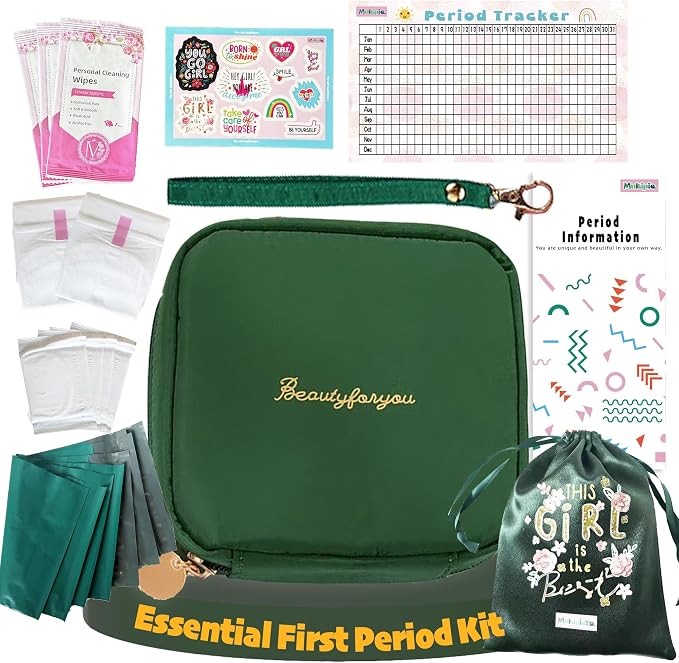 First Period Kit for Girls 10-12, Period Bag for School & Gift Set(Green) | Compact green period bag with pads, wipes, Period Tracker & Booklet — Discreet First Period Gift for Schoolor on the go.