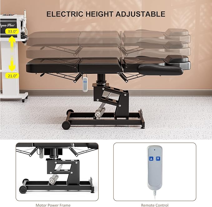 Paddie 360° Swivel Electric Height Adjustable Tattoo Spa Chair for Client, Professional Facial Esthetician Bed with Storage Pocket/2 Wheels, Headrest/Armrest Adjustable, Black