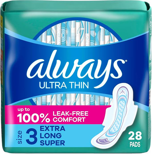 Always Ultra Thin Size 3 Extra Long Super Pads with Wings Unscented, 28 Count