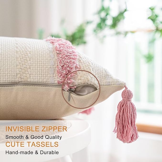BUIOVBEY Boho Throw Pillow Covers Woven Tufted Pillow Cases with Tassels | Farmhouse Pillow Covers 12x20 Set of 2 Textured Striped Cushion Case Neutral Decorative Pillowcase for Sofa Couch Bed Pink