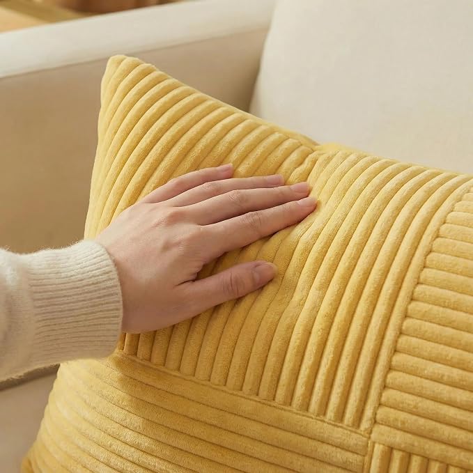 Fancy Homi Yellow Decorative Throw Pillow Covers 20x20 Inch for Living Room Couch Bed Sofa, Rustic Farmhouse Boho Home Decor, Soft Corss Corduroy Patchwork Accent Square Cushion Case 50x50 cm