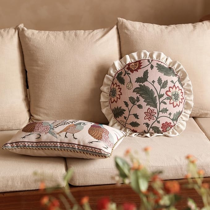Vintage Linen Throw Pillow Cover,Set of 2,Diameter 16"-Ratina A | Designer Elegant Round Pillow Cover,Concealed Zipper Design,Floral Pattern,Sofa,Bedroom,Living Room,Lounge Chairs