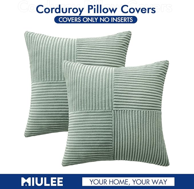 MIULEE Greyish Green Decorative Throw Pillow Covers for Couch 18x18 Inch | 2 Pack, Boho Farmhouse Pillow Covers, Soft Cross Corduroy Patchwork Textured Cushion Cases For Bed Sofa