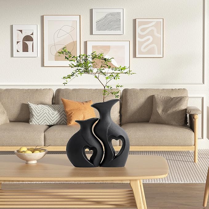 XL Black Snuggle Hollow Ceramic Flower Vase Home Decor Set of 2 | Heart Shaped, Minimalist, Decorative Flower Vase for Wedding,Living Room,Dining Table,Bedroom,Entryway,H 10.1 inches