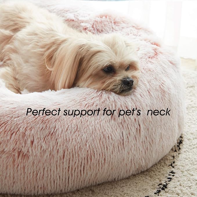 Western Home Calming Donut Small Medium Pet Dog Bed Washable,27" Pink | Fluffy Faux Fur Round Cuddler,Anti-Anxiety,Anti-Slip Bottom,Plush Pet Dog Beds for Small Medium Sized Dogs,Up to 35 LBS