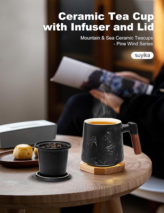 suyika Ceramic Tea Cup with Infuser and Lid, Gradient Embossed Large Tea Mug Wooden Handle for Steeping Loose Leaf, Tea Lover Gifts 15.2 oz / 450 ml,Matte Black