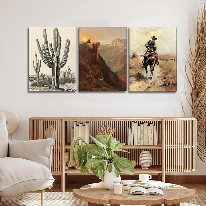 Western Cowboy Wall Art Set of 3, Vintage Southwestern Wall Decor Painting, Western Ranch Desert Farmhouse Poster Canvas Prints Aesthetic Pictures for Bathroom Bedroom Living Room Framed 12x16 inch