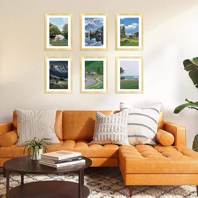 A4 Picture Frame Set of 2, Gold Photo Frame with HD Plexiglass, Display Pictures 6x8 with Mat or 8.3x11.7 Without Mat Multi Picture Frames Collage for Tabletop or Wall Display