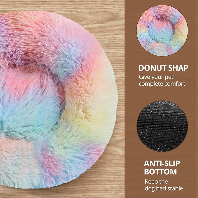 JOLLYVOGUE Calming Dog Beds Large Sized Dog, 36in Donut Washable Large Pet Bed, Anti-Slip & Anti-Anxiety Fluffy Faux Fur Round Dogs Bed, Fits up to 80 lbs Pets (Rainbow)