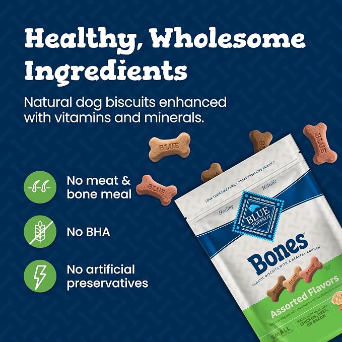 Blue Buffalo Bones Variety Pack Small Dog Biscuits, 16 oz, 4 ct | Assorted Beef, Chicken & Bacon Flavors, For Dogs 15 lbs. or More, No Corn, Wheat, or Soy